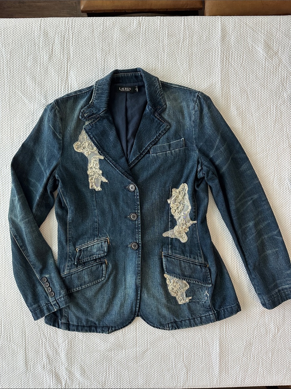 Lauren Ralph Lauren Denim Blazer Lace Appliqué Jacket Women’s 6